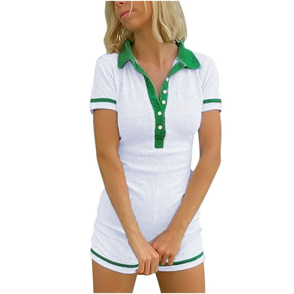 Wycnly Womens Jumpsuits Fashion Button Down Knitted Ribbed Bodycon Sports Short Jumpsuits Trendy Color Block Lapel Short Sleeve Mini Summer Rompers Green m