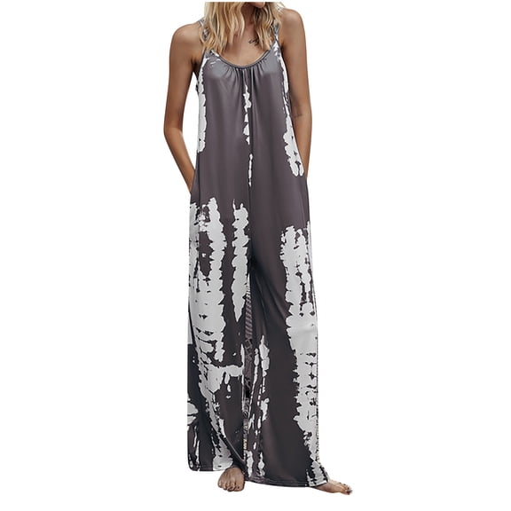 Wycnly Womens Jumpsuits Fashion High Waist Loose Wide Leg Cami Long Jumpsuits Trendy Tie-Dye V-Neck Sleeveless Maxi Summer Rompers Coffee s
