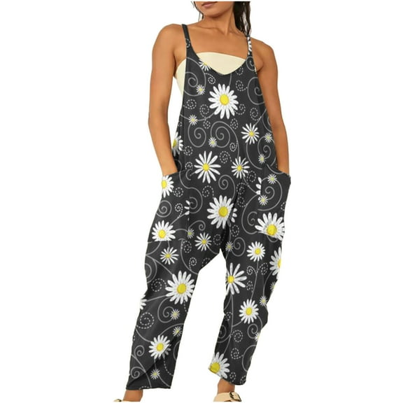 Wycnly Womens Jumpsuits Fashion Loose Baggy Wide Leg Long Strap Jumpsuits Overalls Trendy Daisy Print V-Neck Sleeveless Maxi Summer Rompers Black m