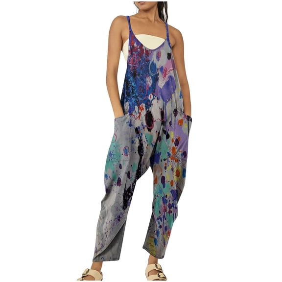 Wycnly Womens Jumpsuits Fashion Pocket Loose Baggy Overalls Spaghetti Strap Long Jumpsuits Trendy Tie-Dye V-Neck Sleeveless Maxi Summer Rompers Gray l