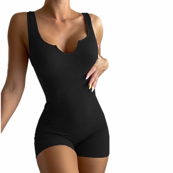 Wycnly Jumpsuits for Women Knitted Ribbed Club Sexy Bodycon Short Jumpsuits Overalls Summer Fashion Plain V-Neck Sleeveless Mini Rompers Black m