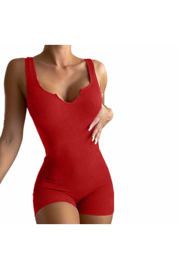 Womens Jumpsuits Knitted Ribbed Club Sexy Bodycon Short Jumpsuits Overalls Casual Plain V-Neck Sleeveless Mini Summer Rompers Red m