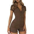 thumbnail image 1 of Wycnly Womens Jumpsuits Knitted Ribbed Sexy Slim Button Down Sports Short Jumpsuits Overalls Trendy Solid V-Neck Short Sleeve Mini Summer Rompers Brown m, 1 of 6