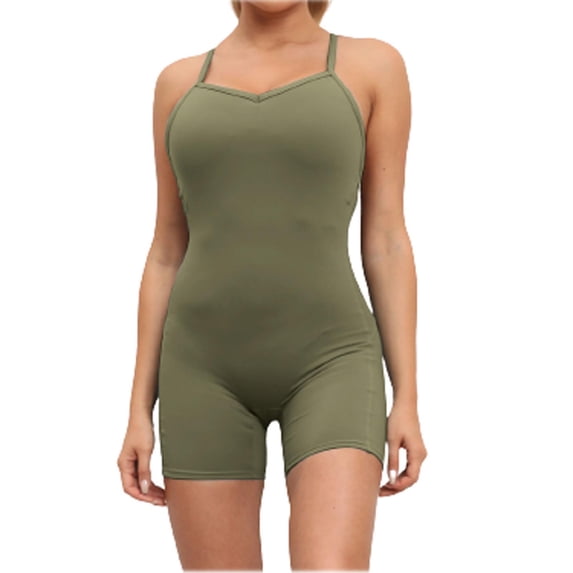 Wycnly Womens Jumpsuits Knitted Ribbed Slim One Piece Sports Strap Short Overalls Jumpsuits Trendy Solid V-Neck Sleeveless Mini Summer Rompers Army Green m