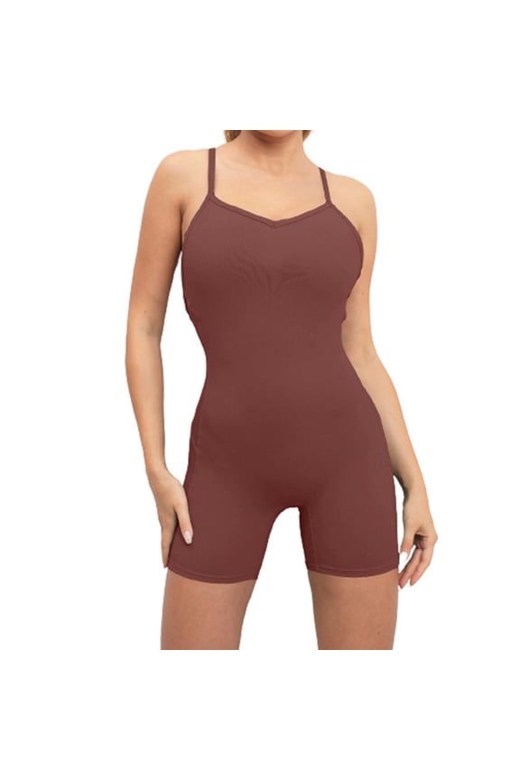 Womens Jumpsuits Knitted Ribbed Slim One Piece Sports Strap Short Overalls Jumpsuits Trendy Solid V-Neck Sleeveless Mini Summer Rompers Coffee s