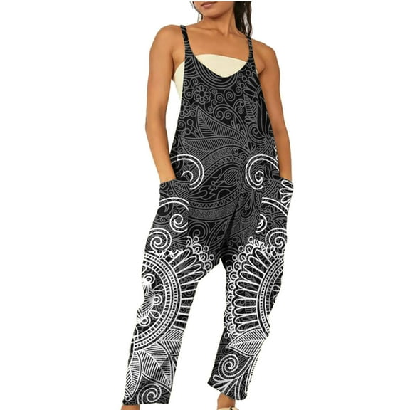 Wycnly Womens Jumpsuits Loose Fit Fashion Spaghetti Strap Wide Leg Pocket Long Jumpsuits Trendy Cows Print V-Neck Sleeveless Maxi Summer Rompers Dark Gray xxxl