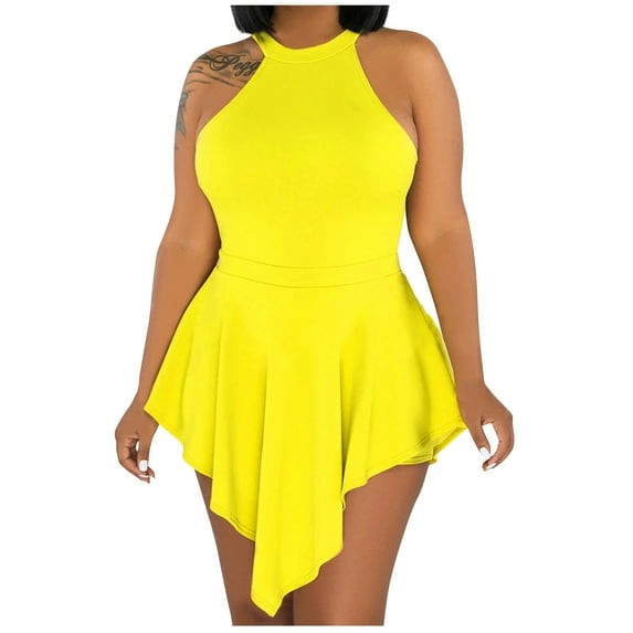 Wycnly Womens Jumpsuits Party Club Sexy Back Hollow out Empire Waist Irregular Hem Tank Jumpsuits Trendy Solid Crewneck Sleeveless Short Rompers for Women