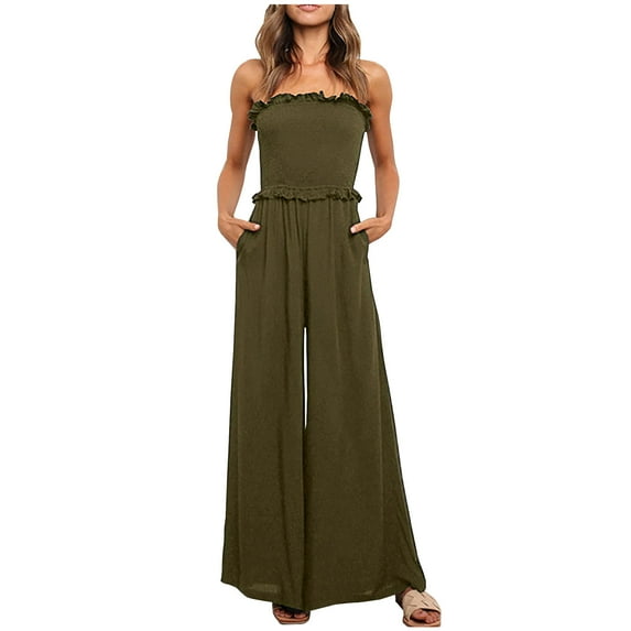 Wycnly Womens Jumpsuits Party Sexy Elastic Waist off Shoulder Long Jumpsuits Overalls with Pocket Casual Solid Tube Top Sleeveless Maxi Summer Rompers Army Green xxl
