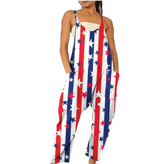 Wycnly Womens Jumpsuits Plus Size Pocket Spaghetti Strap Independence Day Patriotic Jumpsuits Trendy Star Striped Print V-Neck Sleeveless Long Summer Rompers White s