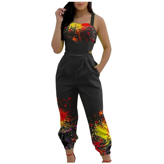Wycnly Womens Jumpsuits Sexy Backless Club Elastic Waist Strap Maxi Jumpsuits Overalls Trendy Tie-Dye Print Square Neck Sleeveless Long Summer Rompers Black l