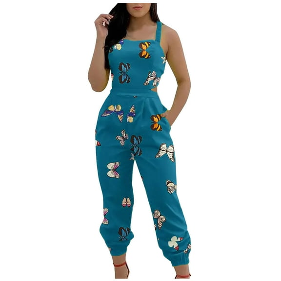 Wycnly Womens Jumpsuits Sexy Backless Club Elastic Waist Strap Maxi Jumpsuits Overalls Trendy Tie-Dye Print Square Neck Sleeveless Long Summer Rompers Blue xxl