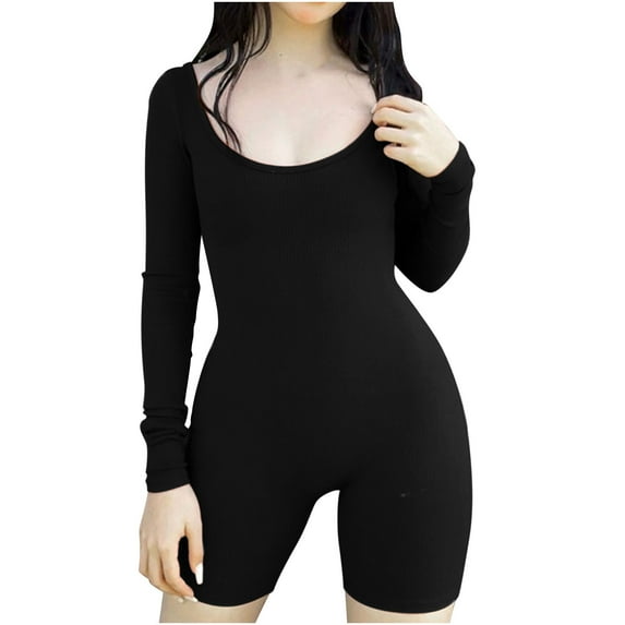 Wycnly Womens Jumpsuits Sexy Slim Tight Knitted Ribbed Workout Sports One Piece Jumpsuits Trendy Solid Round Neck Long Sleeve Short Summer Rompers Black m