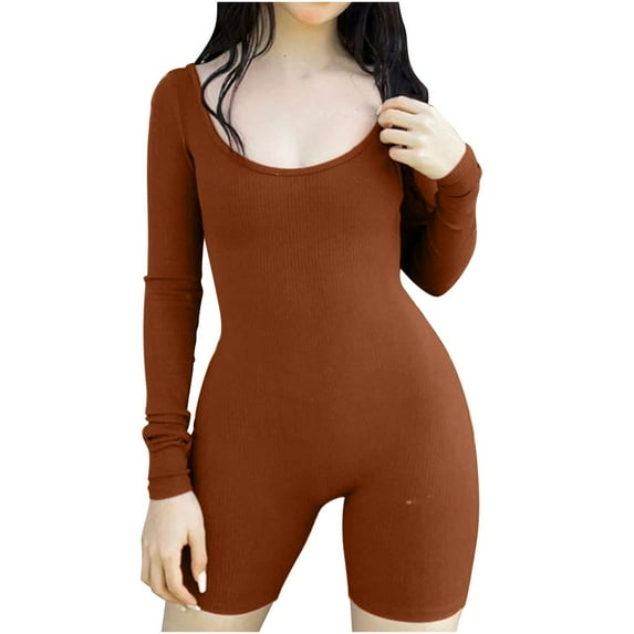Wycnly Womens Jumpsuits Sexy Slim Tight Knitted Ribbed Workout Sports One Piece Jumpsuits Trendy Solid Round Neck Long Sleeve Short Summer Rompers Brown s