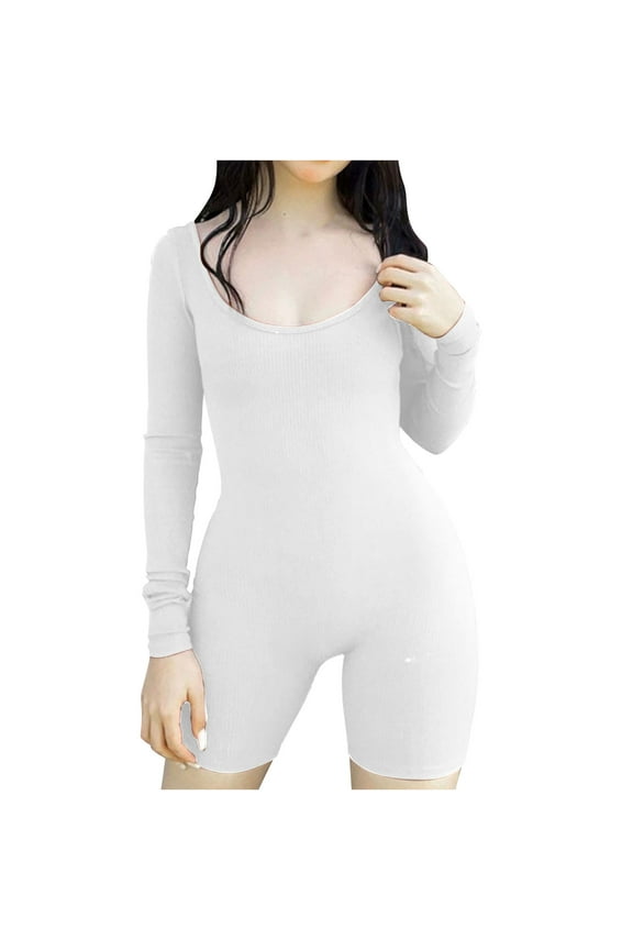 Womens Jumpsuits Sexy Slim Tight Knitted Ribbed Workout Sports One Piece Jumpsuits Trendy Solid Round Neck Long Sleeve Short Summer Rompers White l