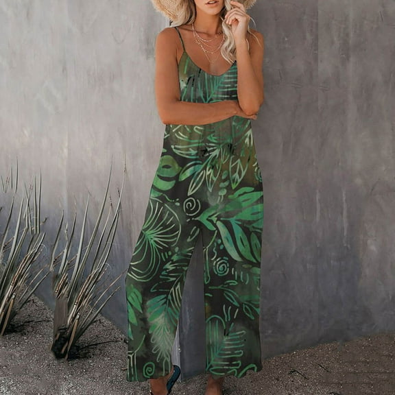 Wycnly Womens Jumpsuits Summer Casual Loose Wide Leg Spaghetti Strap Maxi Jumpsuits Overalls Trendy Leaves Print Crewneck Sleeveless Long Rompers for Women