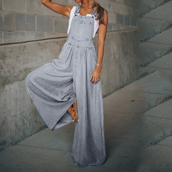 Wycnly Womens Jumpsuits Summer Casual Loose Wide Leg Vintage Stretchy Denim Strap Long Jumpsuits Overalls Trendy Solid Square Neck Sleeveless Maxi Rompers for Women