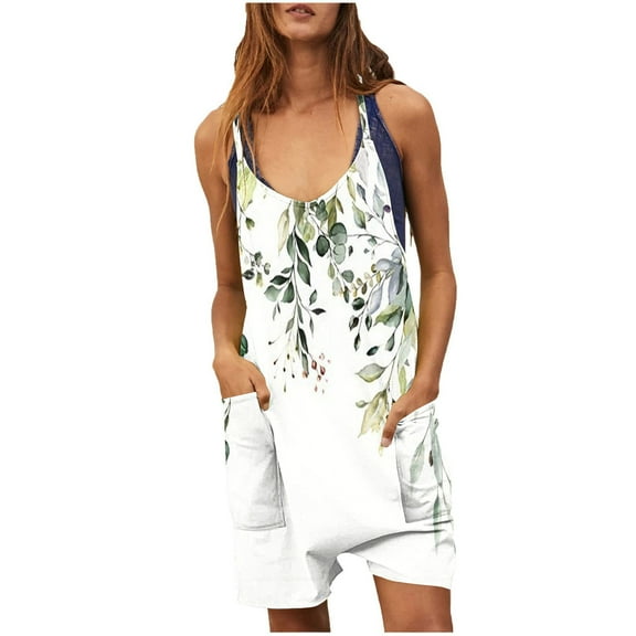Wycnly Womens Jumpsuits Summer Plus Size Casual Pocket Loose Strap Short Jumpsuits Overalls Trendy Floral Print V-Neck Sleeveless Mini Rompers for Women