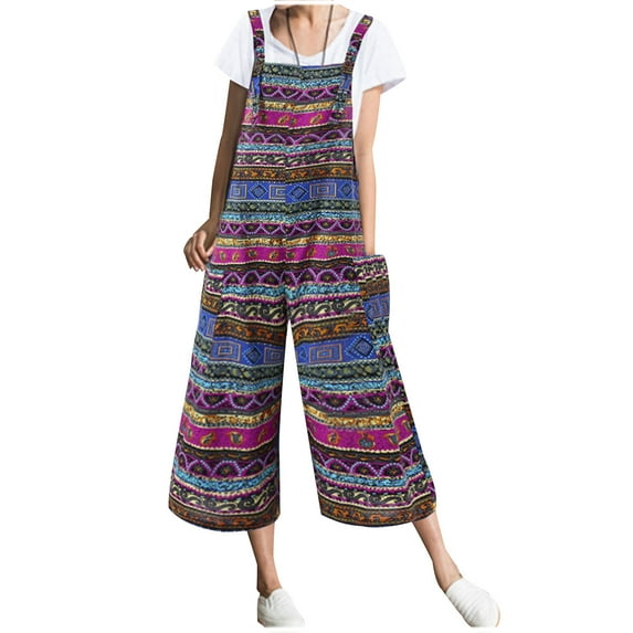 Wycnly Womens Jumpsuits Vintage Western Graphics Plus Size Pocket Strap Jumpsuits Trendy Striped Print Square Neck Sleeveless Long Summer Rompers Blue xxxl