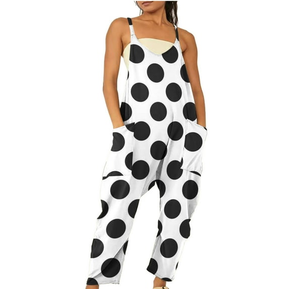 Wycnly Womens Jumpsuits Vintage Wide Leg Loose Fit Pocket Strap Long Jumpsuits Trendy Leopard Print V-Neck Sleeveless Maxi Summer Rompers White m
