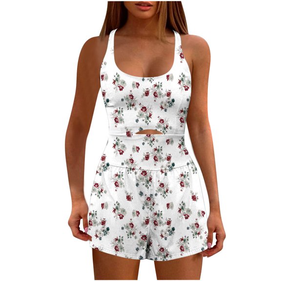 Wycnly Womens Jumpsuits Workout Fashion Hollow out Breathable Loose Wide Leg Strap Sports Jumpsuits Trendy Marbled Print Square Neck Sleeveless Short Rompers for Women