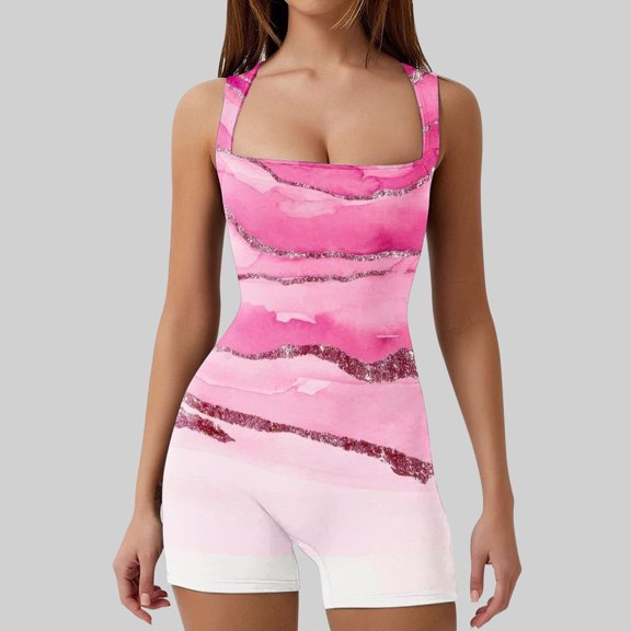 Wycnly Womens Jumpsuits Workout Sports Fashion Slim Bodycon Tank Jumpsuits Casual Summer Trendy Marbled Print Square Neck Sleeveless Short Rompers for Women