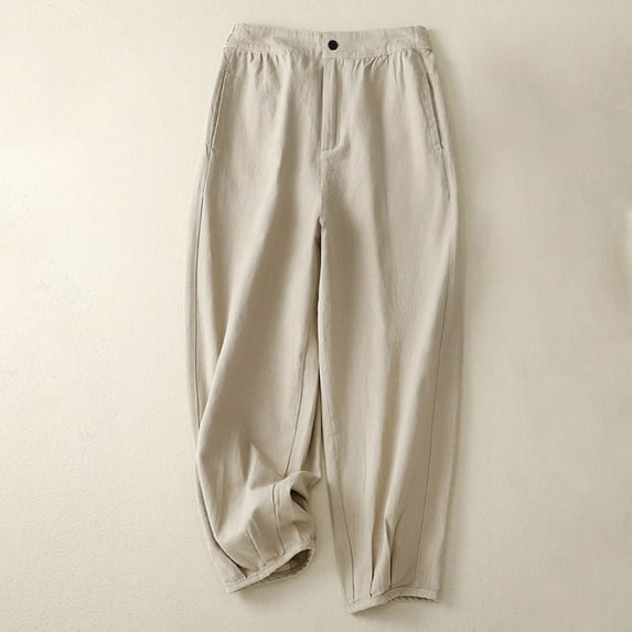 Wycnly Womens Long Pants Business High Waist Button Loose Wide Leg Straight Trousers Casual Solid Cotton Linen Pants with Pocket Beige l