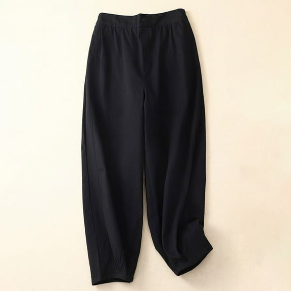 Wycnly Womens Long Pants Business High Waist Button Loose Wide Leg Straight Trousers Casual Solid Cotton Linen Pants with Pocket Black XXXL