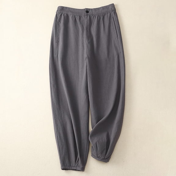 Wycnly Womens Long Pants Business High Waist Button Loose Wide Leg Straight Trousers Casual Solid Cotton Linen Pants with Pocket Gray XXL