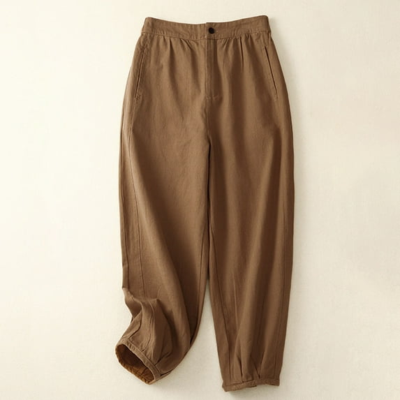 Wycnly Womens Long Pants Business High Waist Button Loose Wide Leg Straight Trousers Casual Solid Cotton Linen Pants with Pocket Orange l