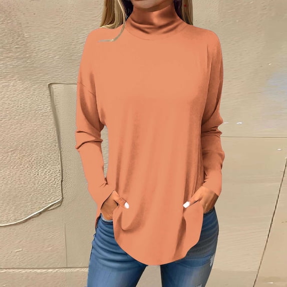 Wycnly Womens Long Sleeve Tops Casual Pullover Tops for Women Spring Long Sleeve Turtleneck Lightweight Tunic Blouses Ladies Girls Trendy Solid Tee Shirts