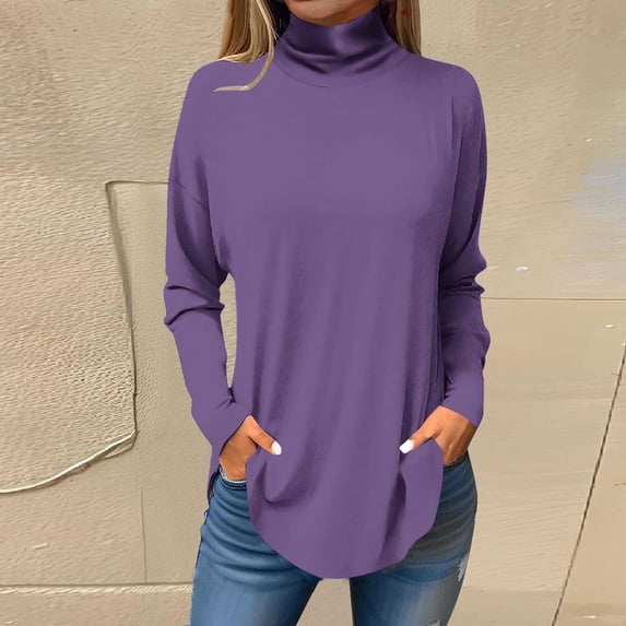 Wycnly Womens Long Sleeve Tops Casual Pullover Tops for Women Spring Long Sleeve Turtleneck Lightweight Tunic Blouses Ladies Girls Trendy Solid Tee Shirts