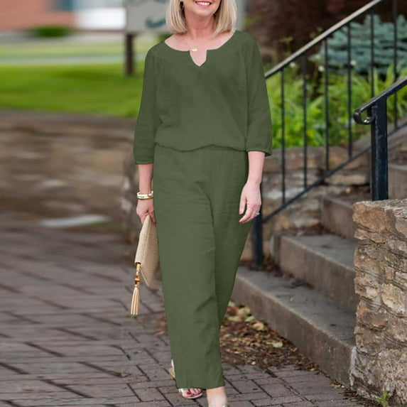 Wycnly Womens Matching Sets Vintage Cotton Linen Plus Size 2 Piece Outfits 3/4 Sleeve V Neck Pullover High Waist Pants Lounge Sets under $5