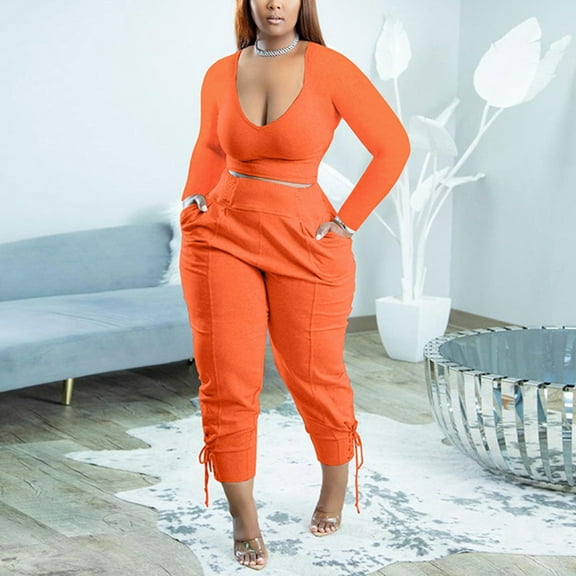 Wycnly Womens Outfits Sets Plus Size Casual 2 Piece Sports Outfits Fall Long Sleeve Cropped Pullover Tops Jogger Lounge Sets with Pocket under $5