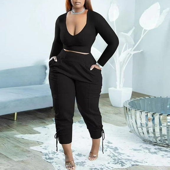 Wycnly Womens Outfits Sets Plus Size Casual 2 Piece Sports Outfits Fall Long Sleeve Cropped Pullover Tops Jogger Lounge Sets with Pocket under $5