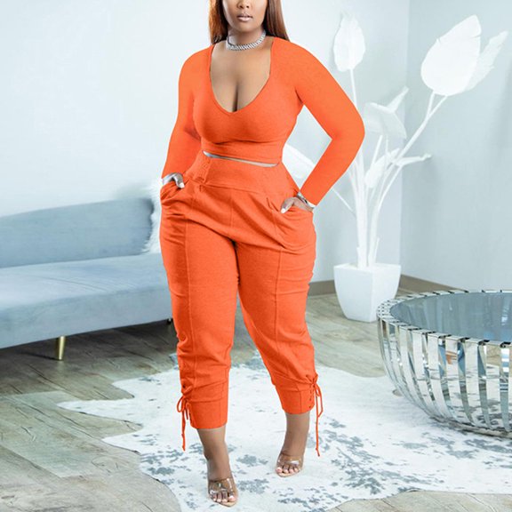 Wycnly Womens Outfits Sets Plus Size Casual 2 Piece Sports Outfits Fall Long Sleeve Cropped Pullover Tops Jogger Lounge Sets with Pocket under $5