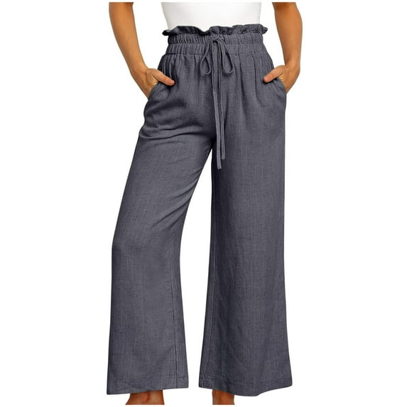 Wycnly Womens Palazzo Pants Linen Long Pants for Women Casual Solid Drawstring Elastic Waist Plus Size Wide Leg Palazzo Pants Cotton Linen Comfy Trousers with Pocket Fall