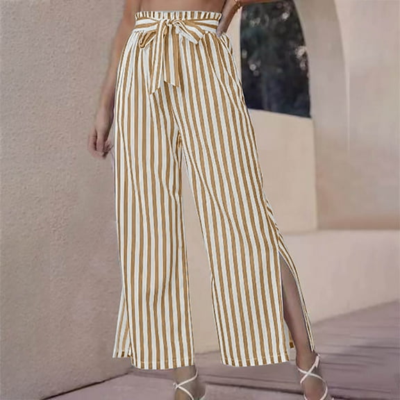 Wycnly Womens Palazzo Pants Palazzo Pants Women Vintage Slit High Waist Loose Wide Leg Long Pants with Belt Fashion Striped Print Lightweight Dress Pants Trousers Fall