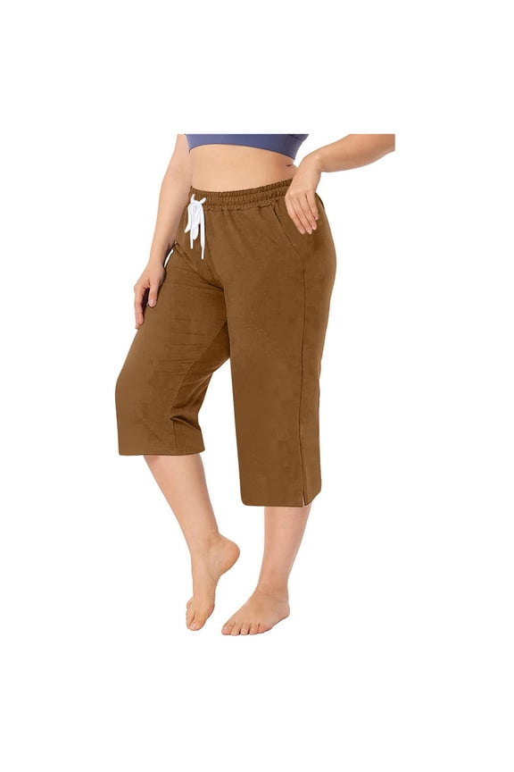 Womens Plus Size Capris Pants Casual Solid Drawstring Elastic Waist Cropped Trousers Summer Lightweight Straight 3/4 Pants with Pocket Clearacne Summer Saving