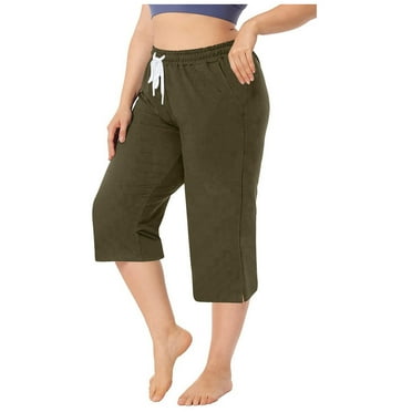 Wycnly Womens Plus Size Capris Pants Casual Solid Drawstring Elastic Waist Cropped Trousers Summer Lightweight Straight 3/4 Pants with Pocket Clearacne Summer Saving