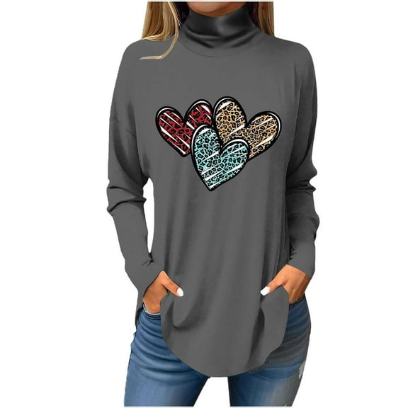 Wycnly Womens Pullover Turtleneck Tunic Tops for Women Valentine's Day Vintage Leopard Heart Print Graphics Pullover Spring Girls Long Sleeve Lightweight Tshirt