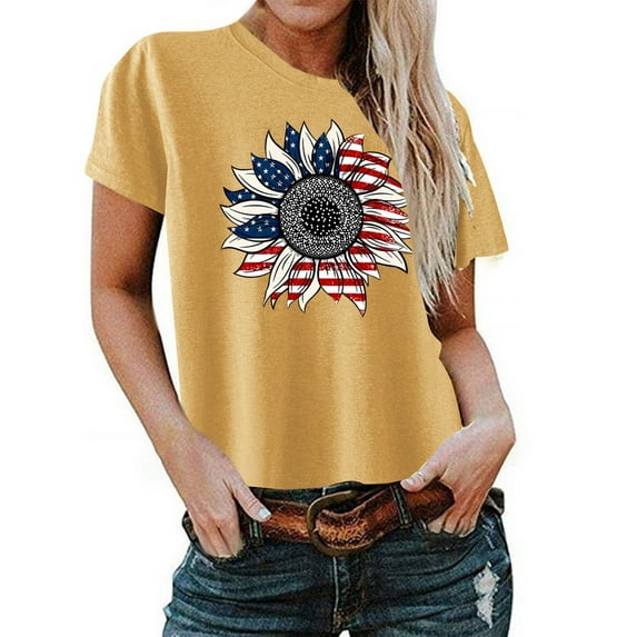 Wycnly Womens Shirts 4th of July Plus Size Fashion Patriotic Pullover Tee Tops Summer Short Sleeve Round Neck Ladies Sunflower US Flag Print Tops and Blouses Khaki XXL