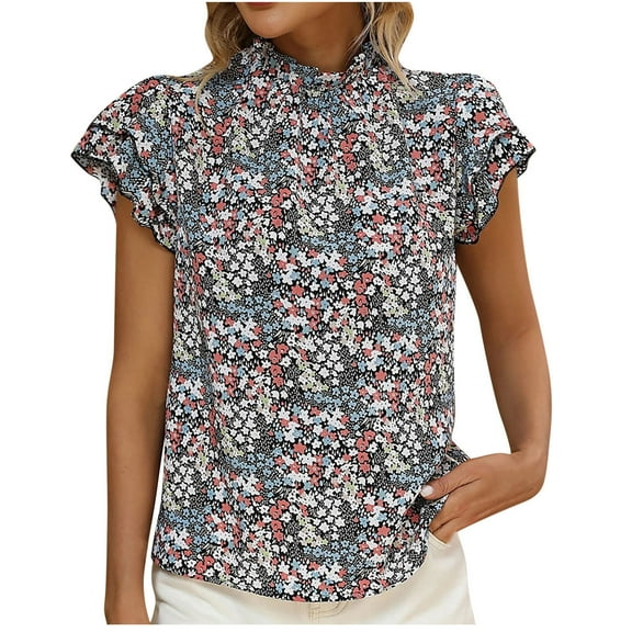 Wycnly Womens Shirts Beach Boho Ruffle Sleeve Vintage Tee Tops Summer Short Sleeve Round Neck Ladies Floral Print Tops and Blouses Light Blue s