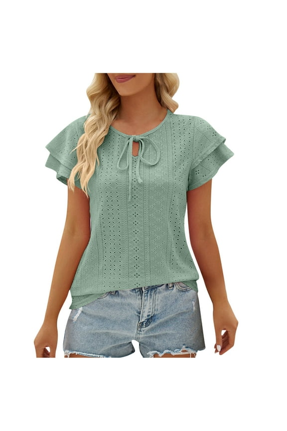 Womens Shirts Beach Ruffle Layer Sleeve Hollowed Lightweight Tunic Tops with Tie Summer Short Sleeve Round Neck Ladies Solid Tops and Blouses Green s