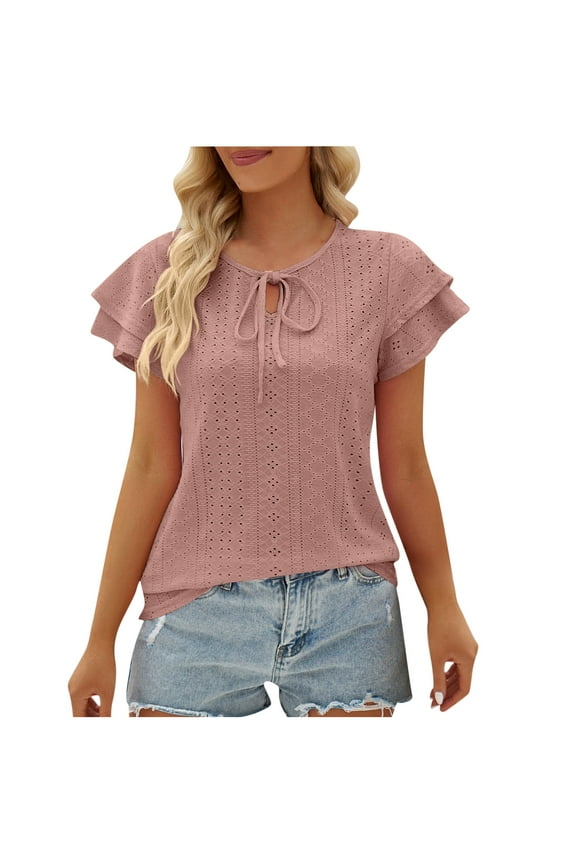 Womens Shirts Beach Ruffle Layer Sleeve Hollowed Lightweight Tunic Tops with Tie Summer Short Sleeve Round Neck Ladies Solid Tops and Blouses Rose Gold XXL