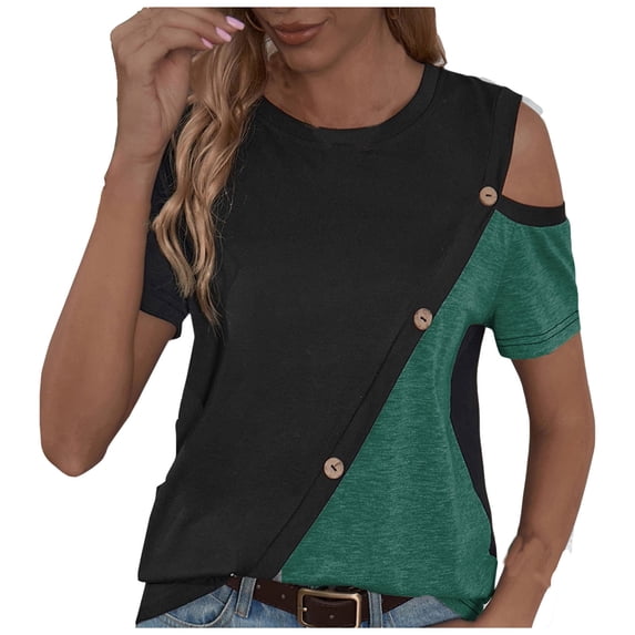 Wycnly Womens Shirts Breathable Casual Button Down Cold Shoulder Tunic Tops Summer Short Sleeve Crewneck Ladies Color Patchwork Tops and Blouses Green XXL