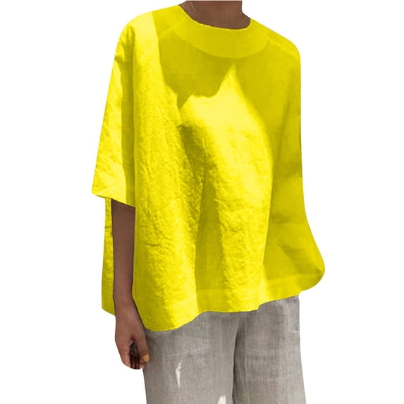 Wycnly Womens Shirts Casual Button Down Plus Size Soft Cotton Linen Pullover Tops Summer Short Sleeve Crewneck Ladies Solid Tops and Blouses Yellow l