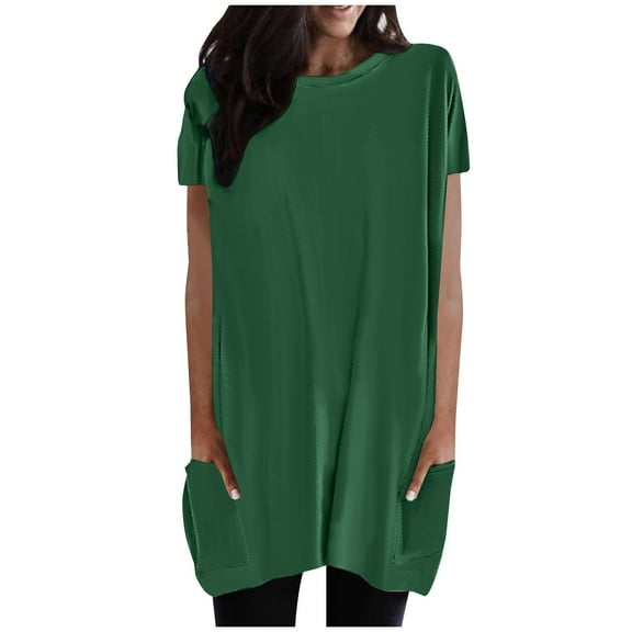 Wycnly Womens Shirts Casual Loose Fit Mid-Length Pullover Tops with Pocket Summer Short Sleeve Round Neck Ladies Solid Tops and Blouses Army Green m