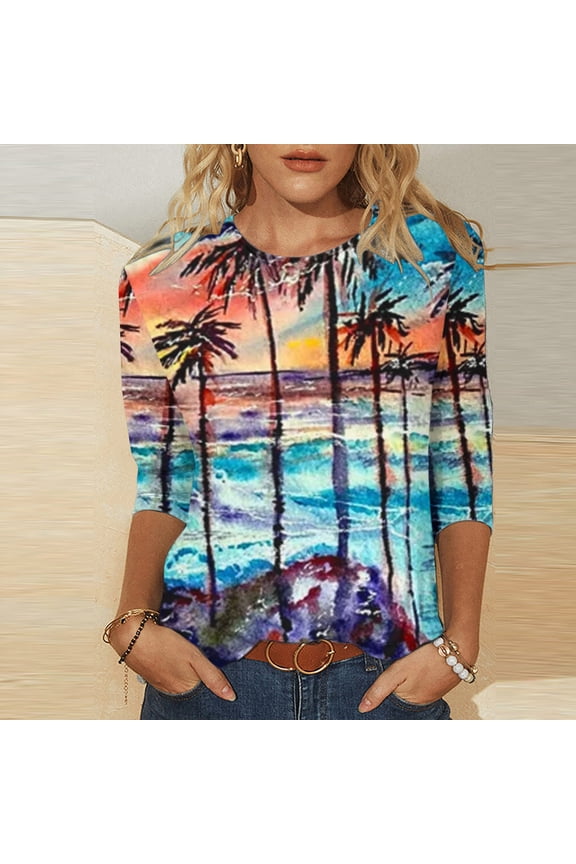 Womens Shirts Comfy Lightweight Loose Fit Hawaiian Tops for Beach Holiday Summer 3/4 Sleeve Round Neck Ladies Coconut Tree Print Tops and Blouses Blue m