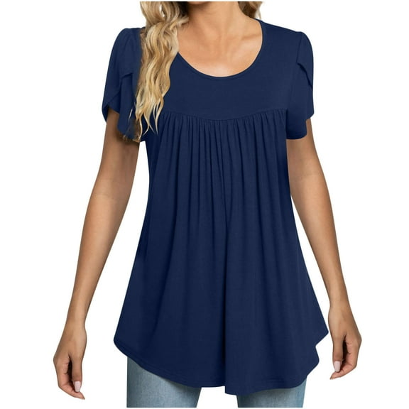 Wycnly Womens Shirts Comfy Lightweight Petal Sleeve Pleated Swing Tunic Tops Summer Short Sleeve Round Neck Ladies Solid Tops and Blouses Navy s