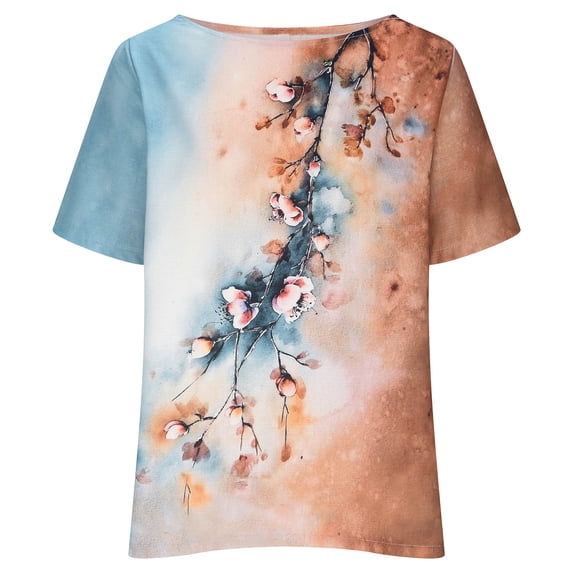 Wycnly Womens Shirts Fashion Cotton Linen Loose Fit Mid-Length Pullover Tops Summer Short Sleeve Crewneck Ladies Floral Print Tops and Blouses Khaki XXXL